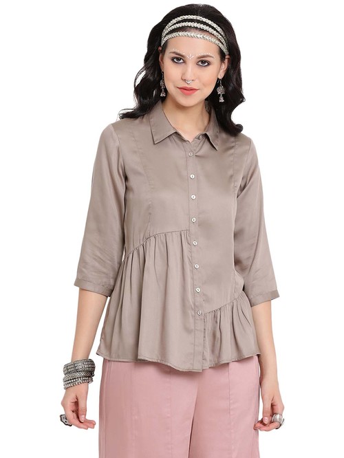 Lela Beige Viscose Asymmetrical Peplum Shirt Price in India