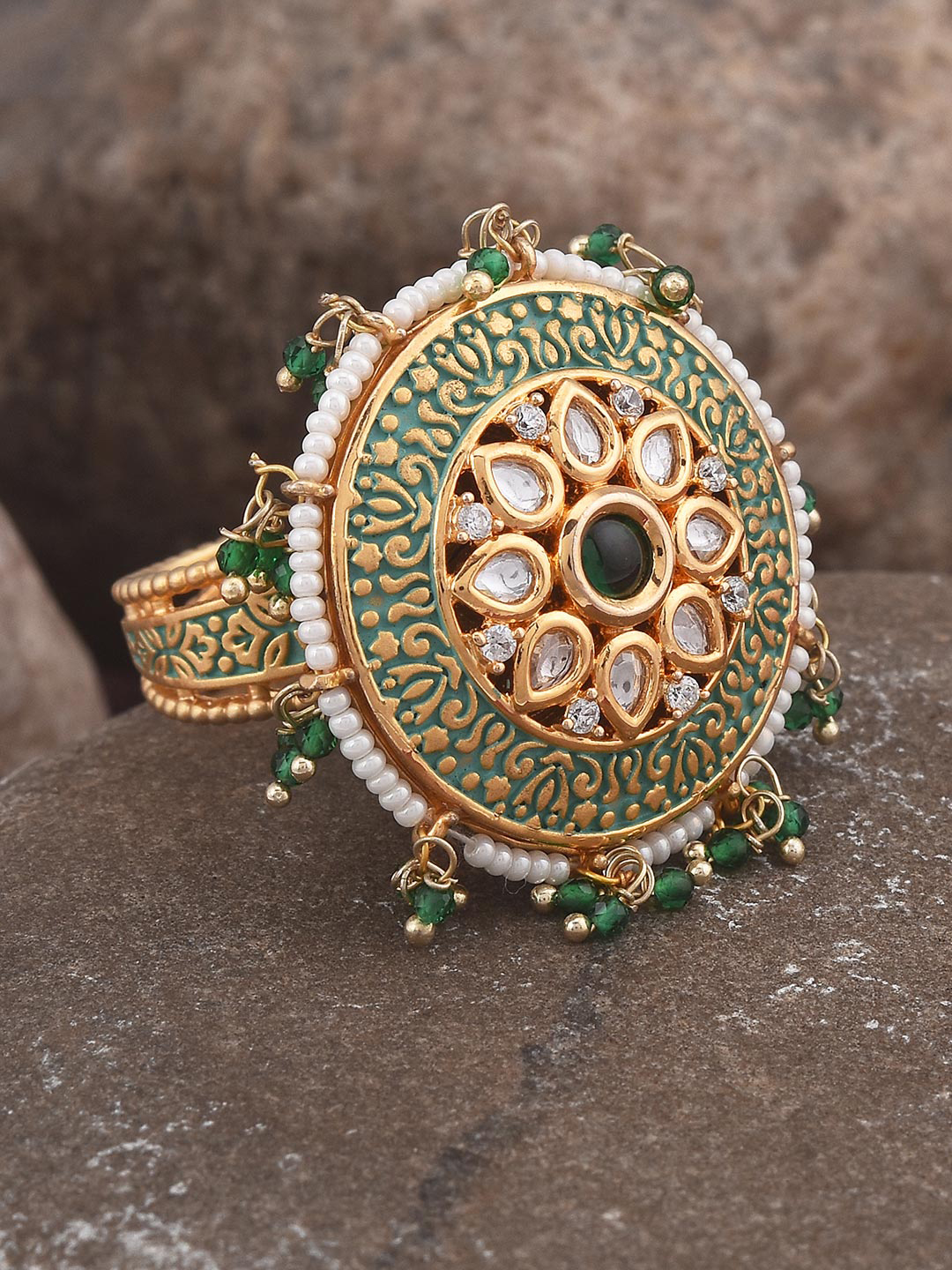 Tistabene Gold-Plated Green & White Polki Stone-Studded Stylish Rotating Enamelled Cocktail Ring Price in India