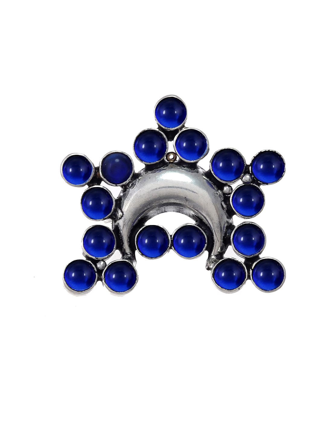 Silvermerc Designs Silver-Toned & Blue Stone-Studded Oxidised Silver Finger Ring Price in India