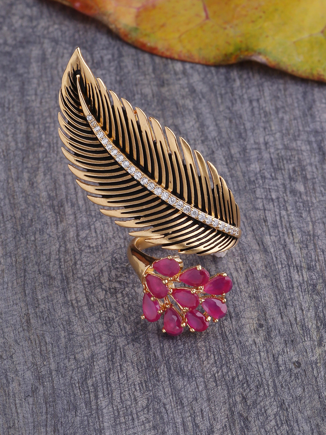 Tistabene Gold-Plated Magenta & White Stone-Studded Handcrafted Cocktail Ring Price in India