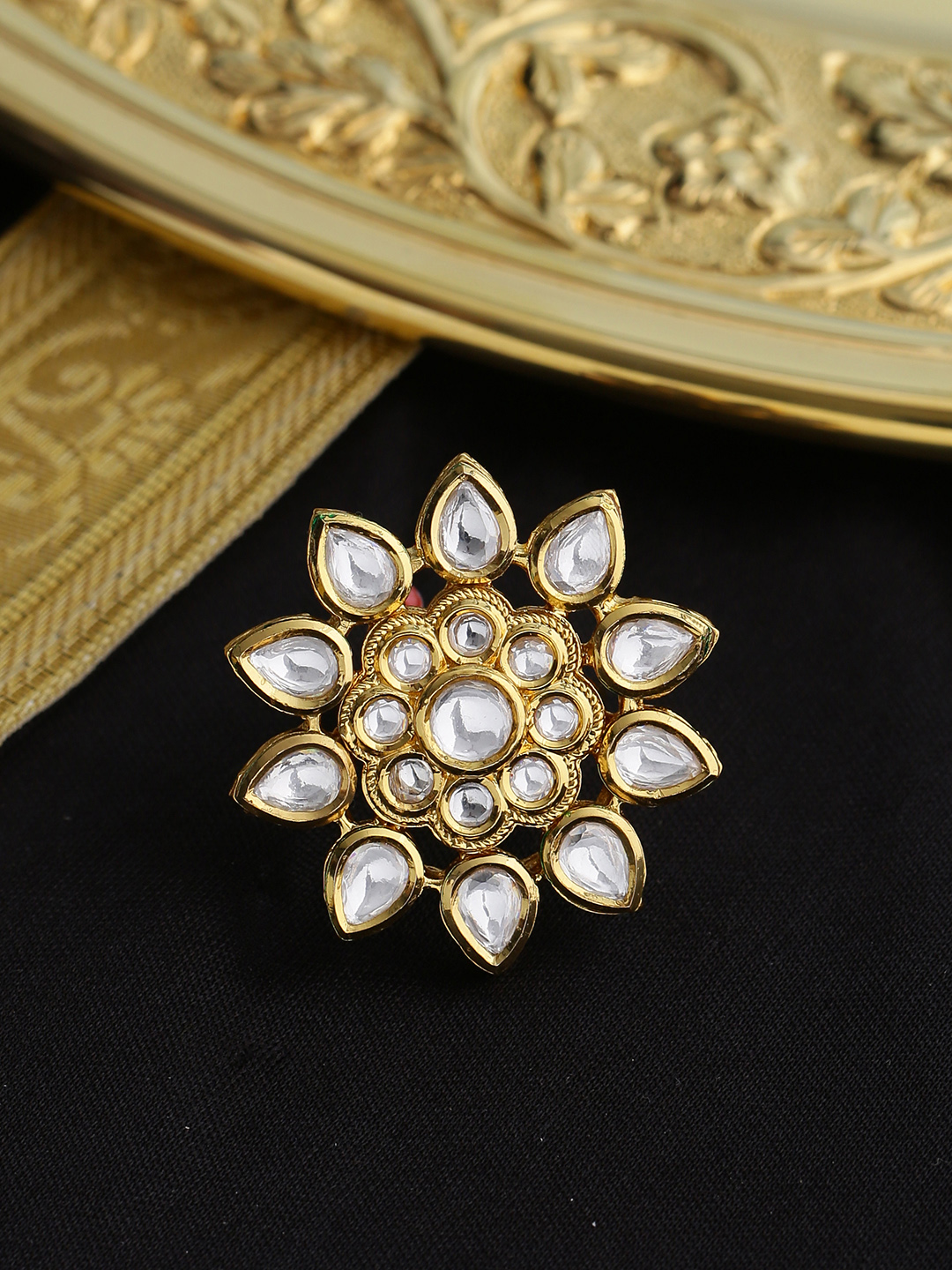 Tistabene Gold-Plated & White Kundan Meena Studded Traditional Finger Ring Price in India