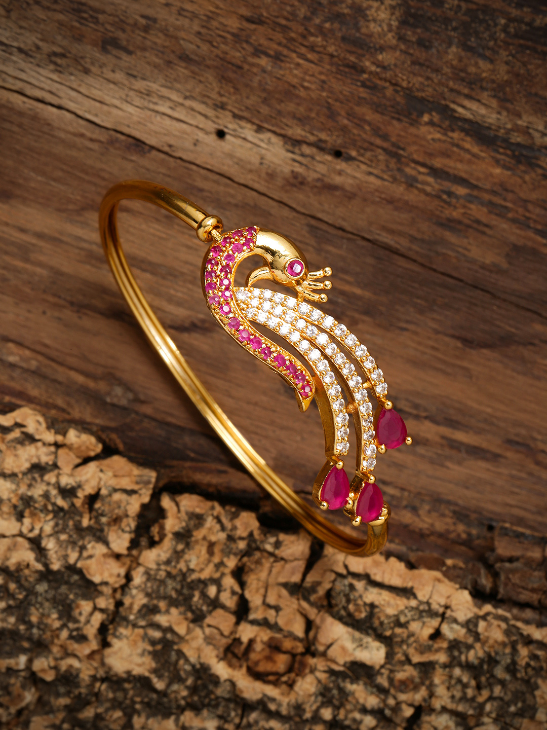 Zaveri Pearls Gold-Plated Peacock Shaped Cubic Zirconia Studded Kada Bracelet Price in India