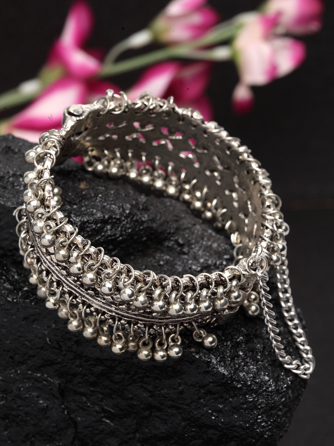 Moedbuille Silver-Plated Handcrafted Filigree Ghungroo Studded Bangle-Style Bracelet Price in India