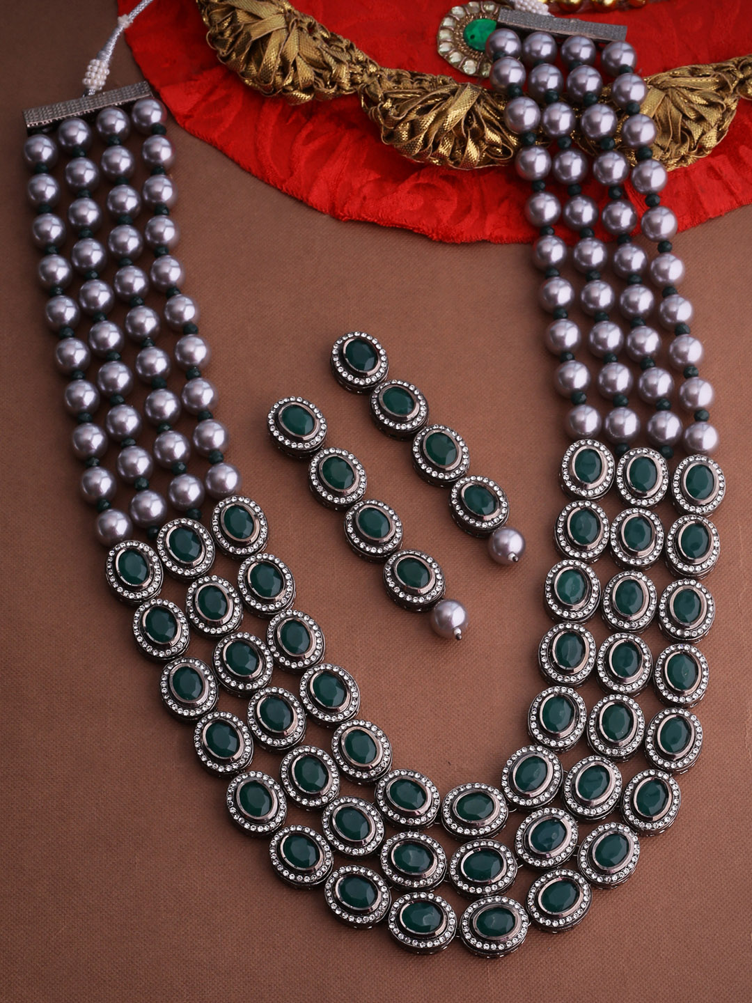 Voylla Grey & Green Rhodium-Plated Multistranded Beaded Jewellery Set Price in India