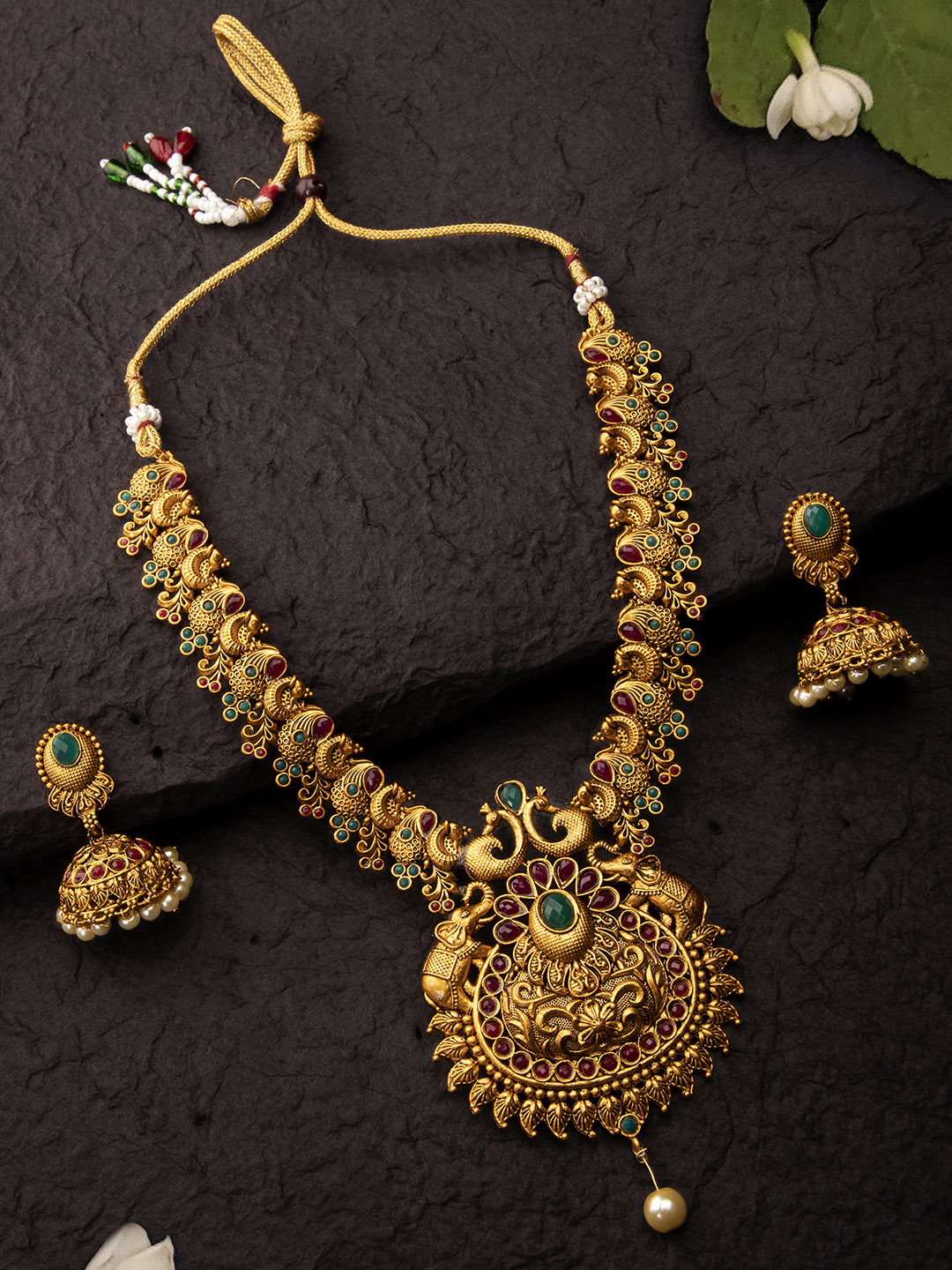 Rubans Women Gold-Plated & Red Ruby & Emerald Studded Jewellery Set Price in India