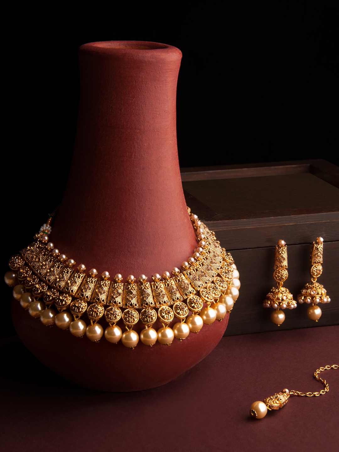 Rubans Gold-Toned Antique Necklace Set With Maang Tika Price in India