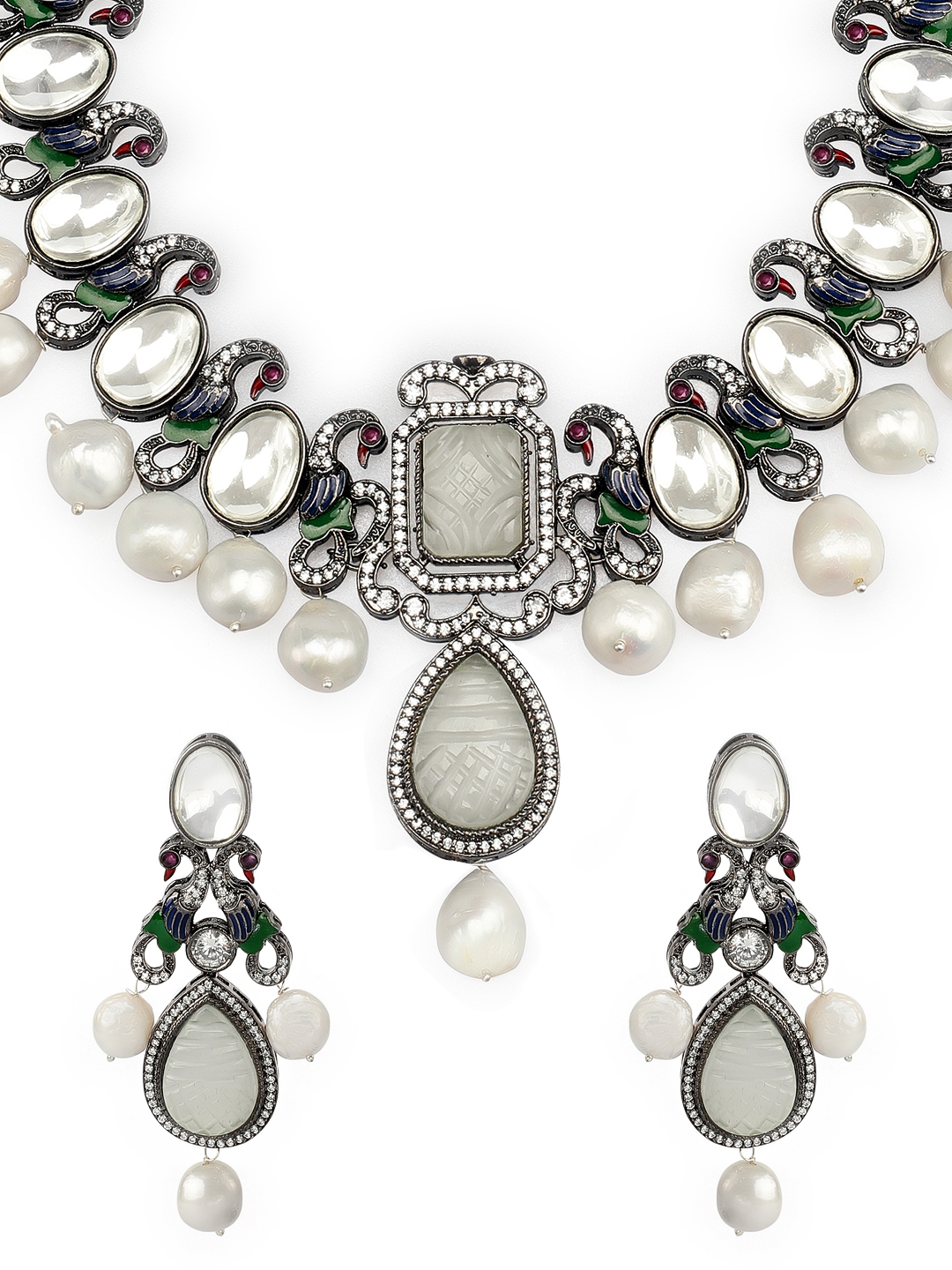 Rubans Women Silver-Plated & Off-White Handcrafted Pearl Embellished Jewellery Set Price in India