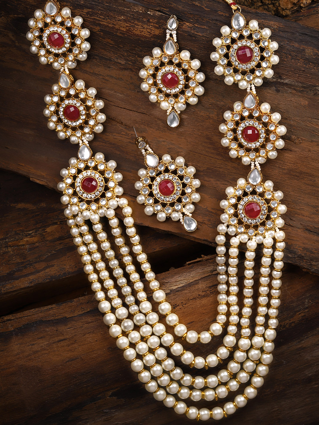 Zaveri Pearls Gold-Toned & White Kundan & Pearls Jewellery Set Price in India