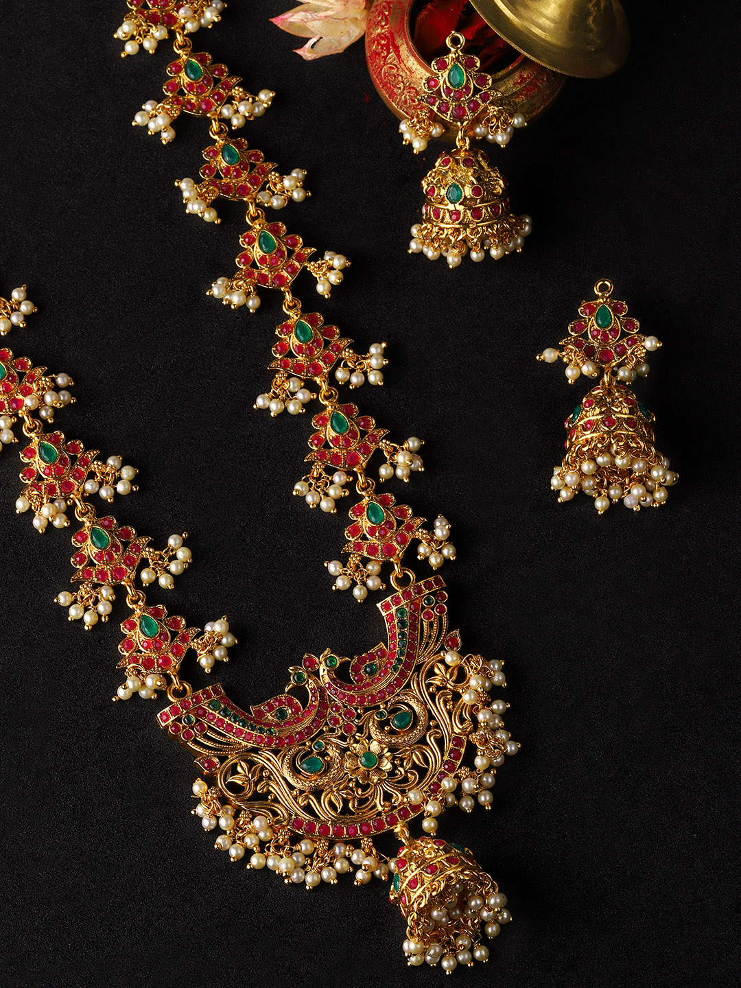 Rubans Women Gold-Plated & Green Faux Ruby Studded Handcrafted Jewellery Set Price in India