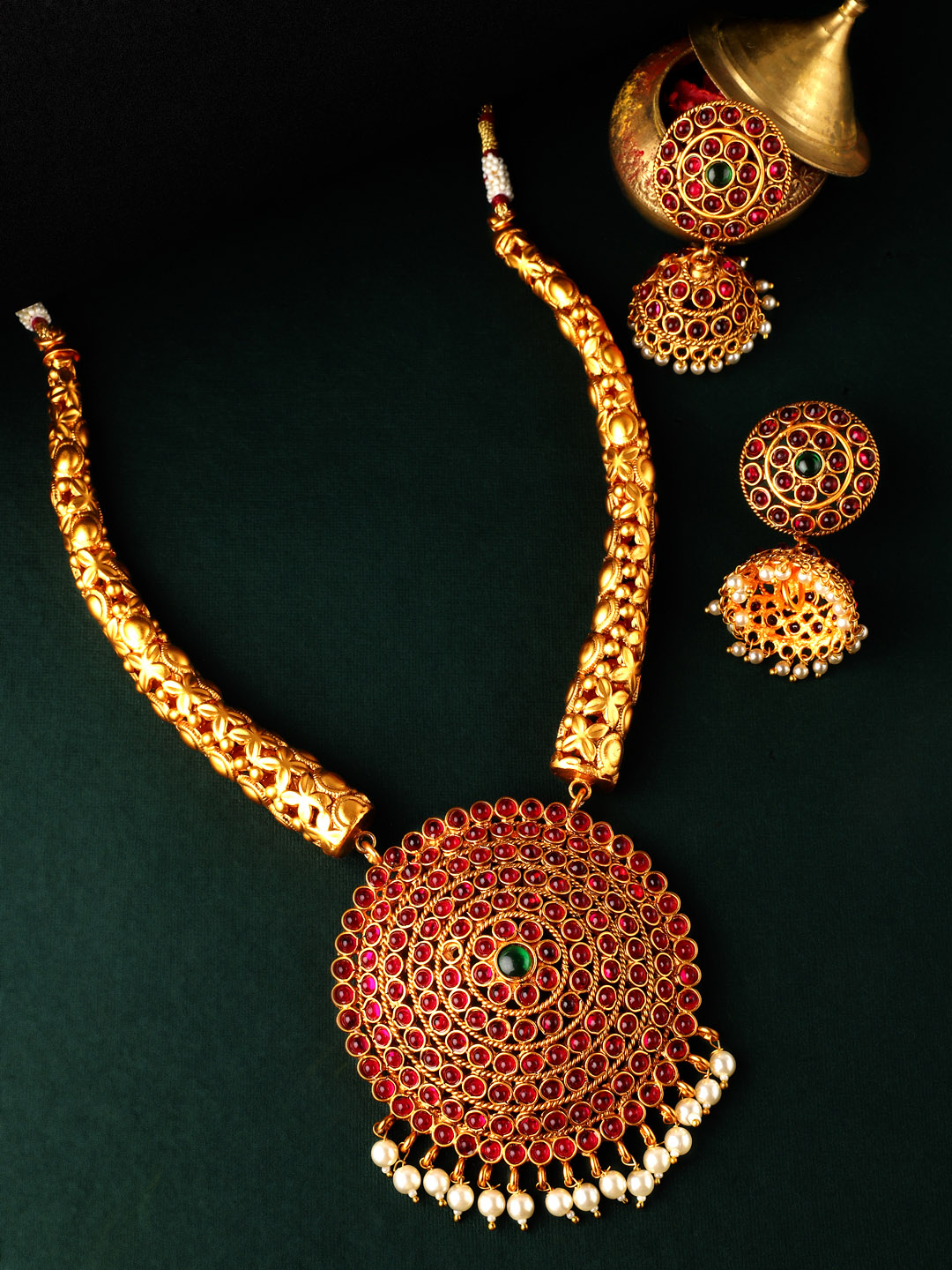 Rubans Women Gold-Plated Red Stone Studded Handcrafted Silver Jewellery Set Price in India