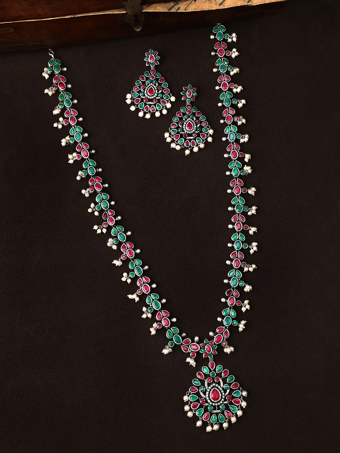 Rubans Women Oxidised Silver-Toned & Green Stone-Studded Handcrafted Jewellery Set Price in India