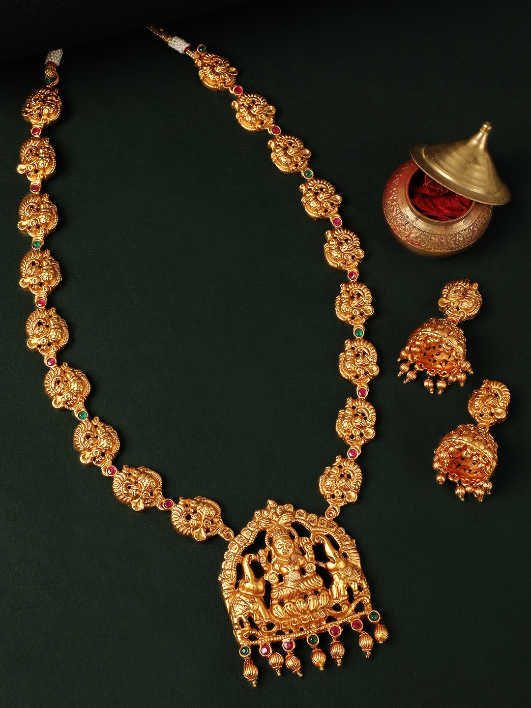 Rubans Red & Green Stone-Studded Gold-Plated Temple Jewellery Set Price in India