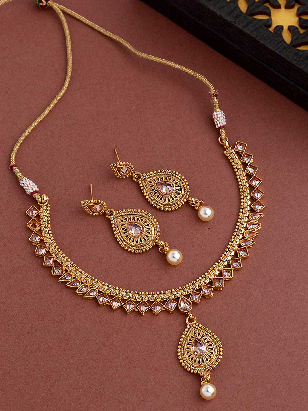 Voylla Women Brass-Plated Gold-Toned Stone-Studded Jewellery Set Price in India