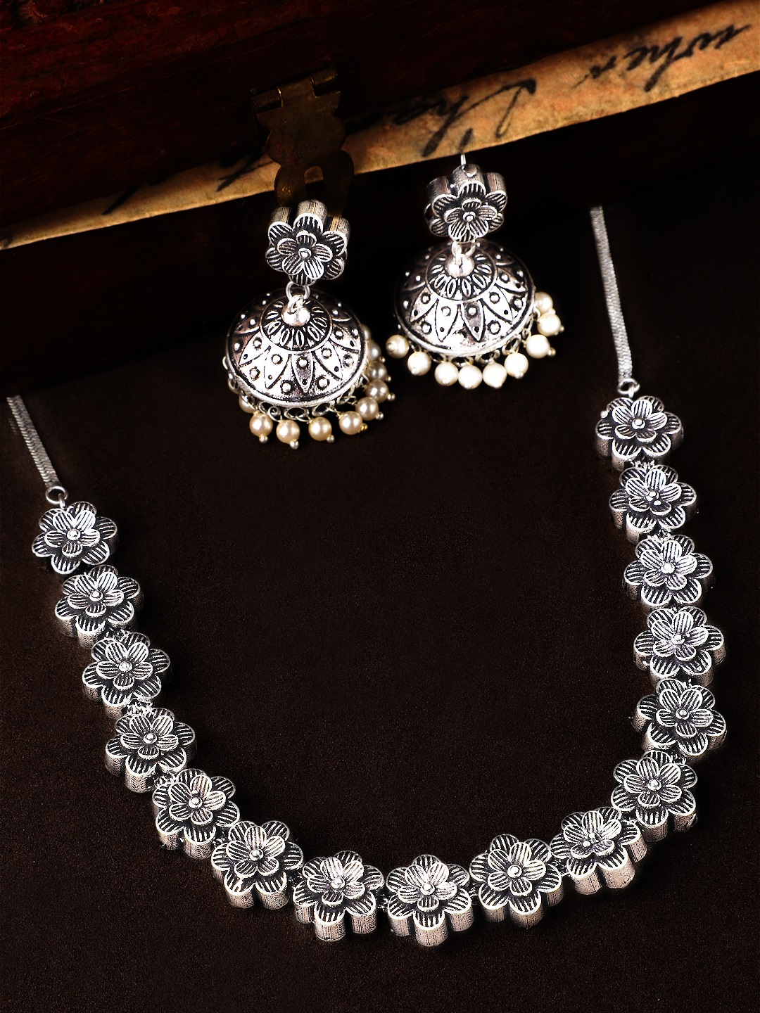 Rubans Women Oxidised Silver-Toned Handcrafted Floral-Shaped Jewellery Set Price in India