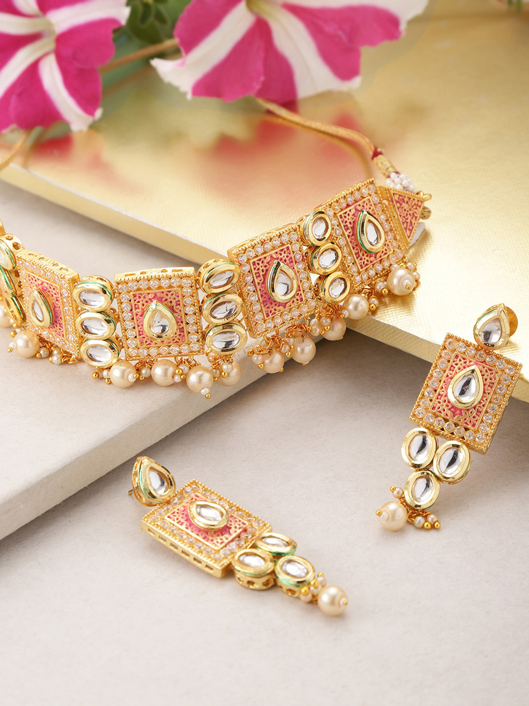 Melani Borsa Pink Gold-Plated Stone-Studded Handcrafted Enamelled Jewellery Set Price in India