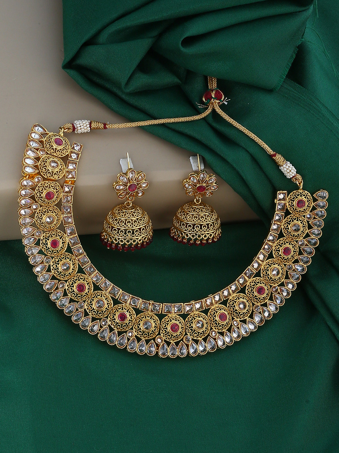 Voylla Women Gold-Plated & White Stone Studded Handcrafted Jewellery Set Price in India