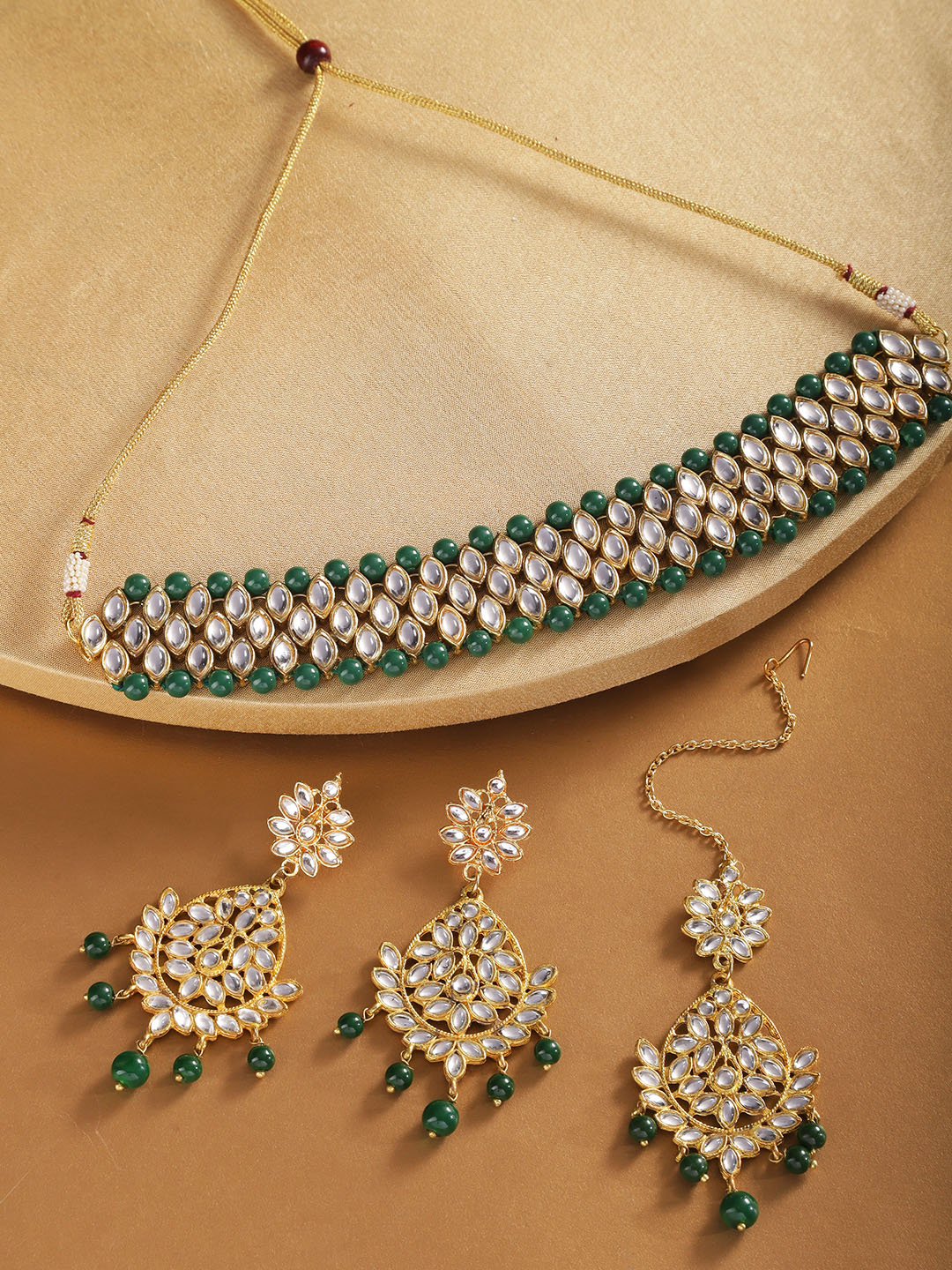 KARATCART Green Gold-Plated Kundan Studded & Beaded Handcrafted Jewellery Set Price in India