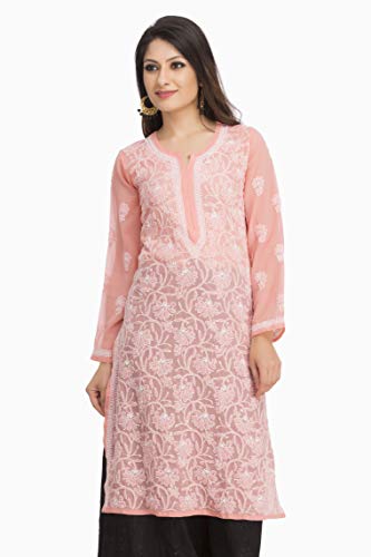 ADA Hand Embroidery Chikan Regular Fit Peach Kurti Dress in Georgette Casual Wear A95561 Price in India