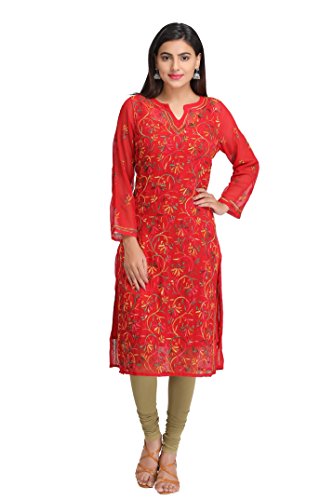 ADA Hand Embroidered Lucknow Chikan Womens Casual Faux Georgette Kurta Price in India