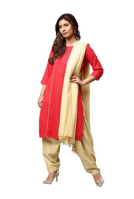 Jaipur Kurti Red & Cream Cotton Patiala Set Price in India