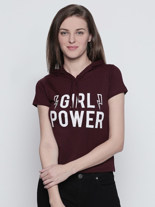 Graphic Print Women Hooded Maroon T-Shirt Price in India