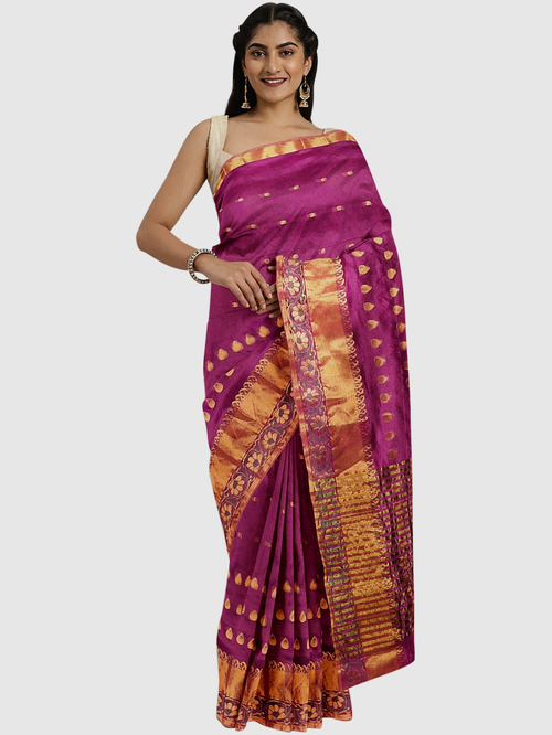 Pavecha's Pink & Golden Woven Saree With Blouse Price in India