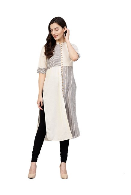 Varanga Grey & Beige Striped Cotton Kurta Price in India