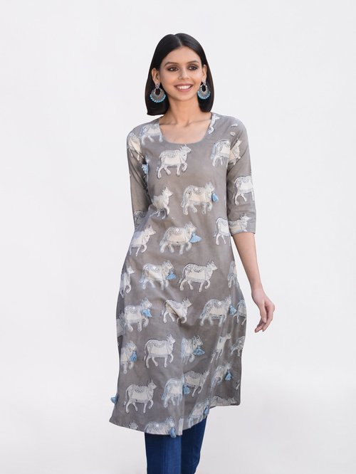 Okhai Grey Pure Cotton Hand Embroidered A-Line Dress Price in India