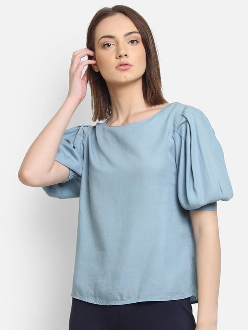 Cover Story Light Blue Short Sleeves Top Price in India