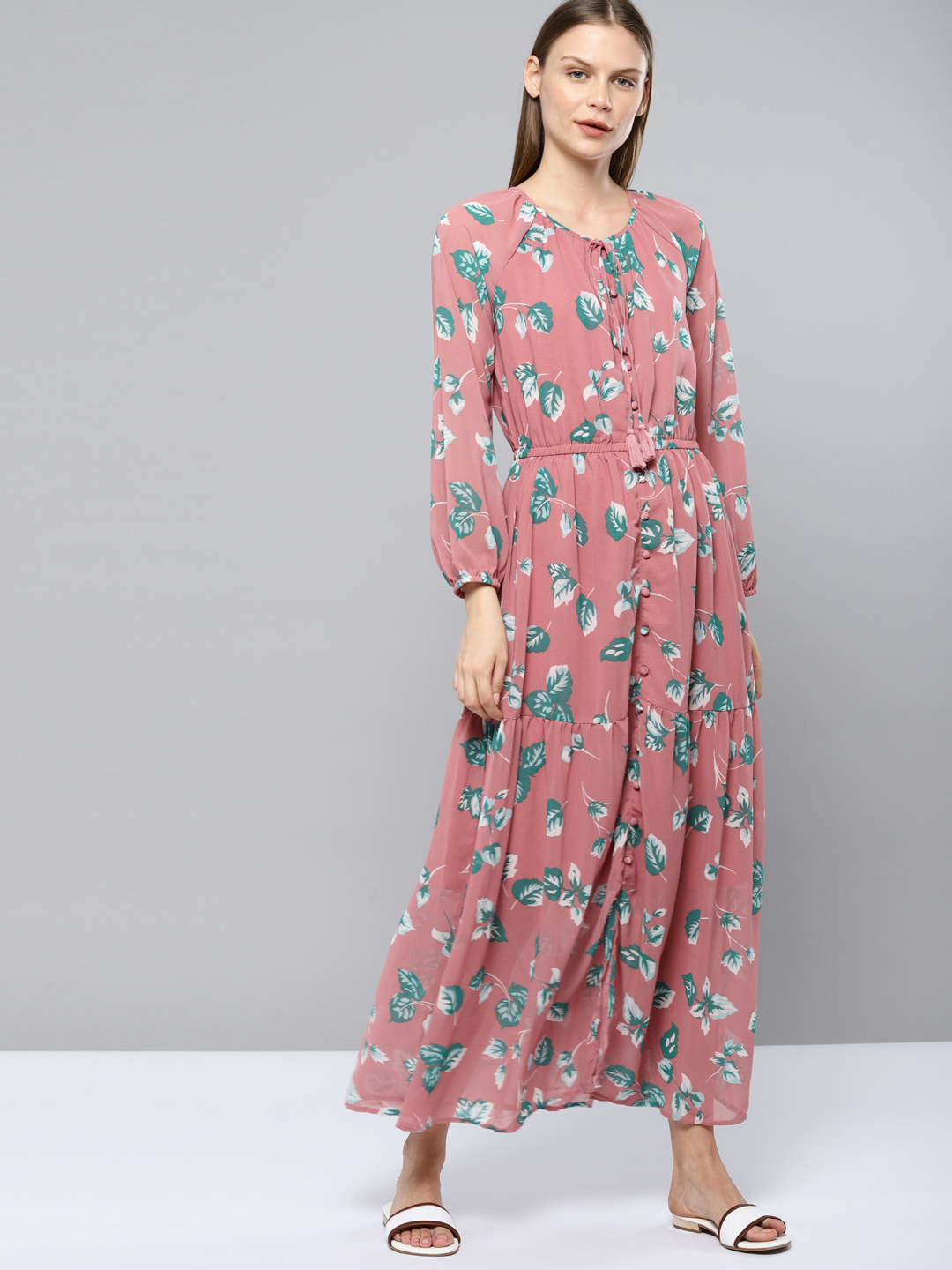 Chemistry Women Pink & Green Floral Printed Maxi Dress Price in India