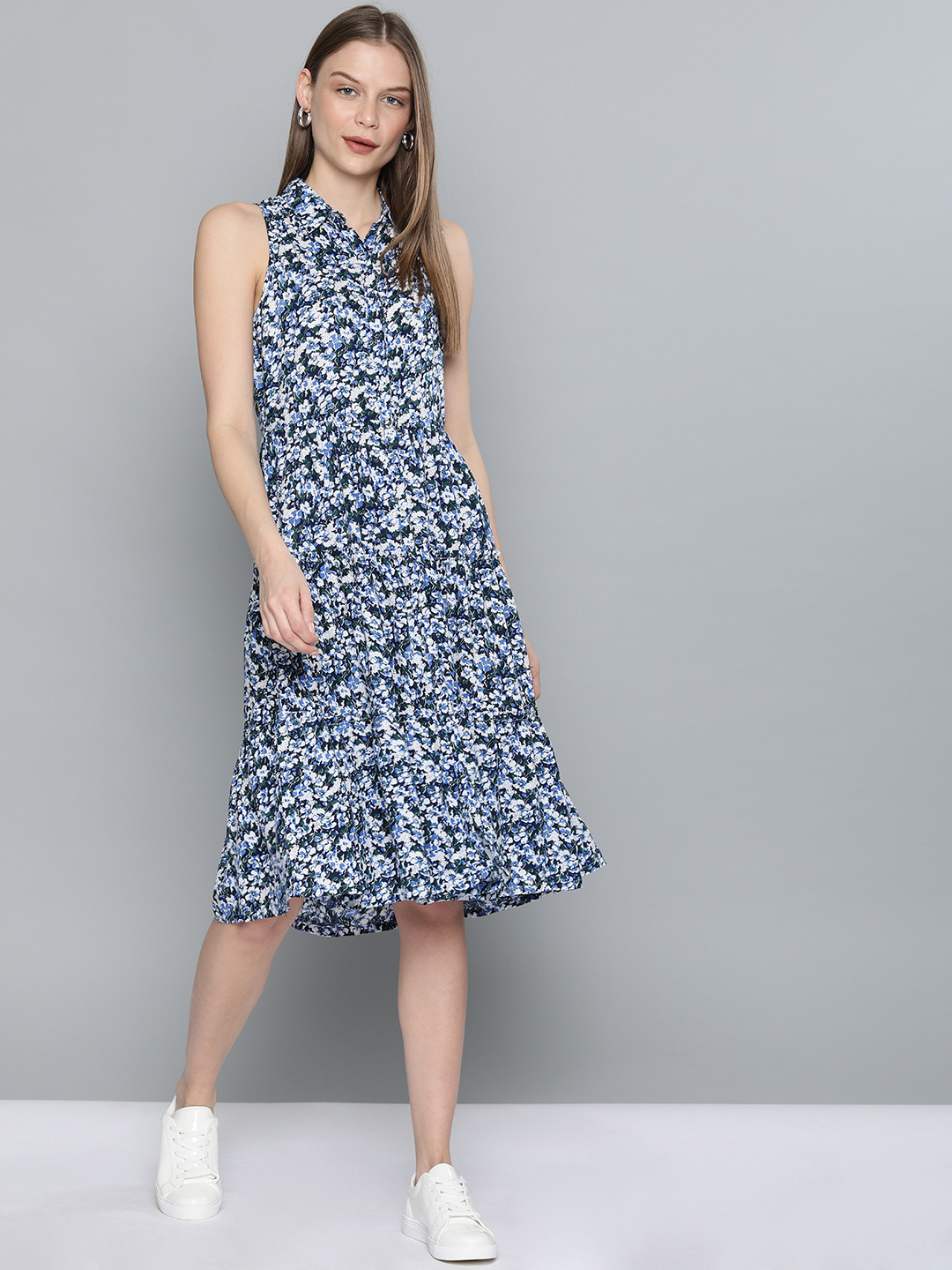 Chemistry Women Blue & White Printed Fit and Flare Dress Price in India