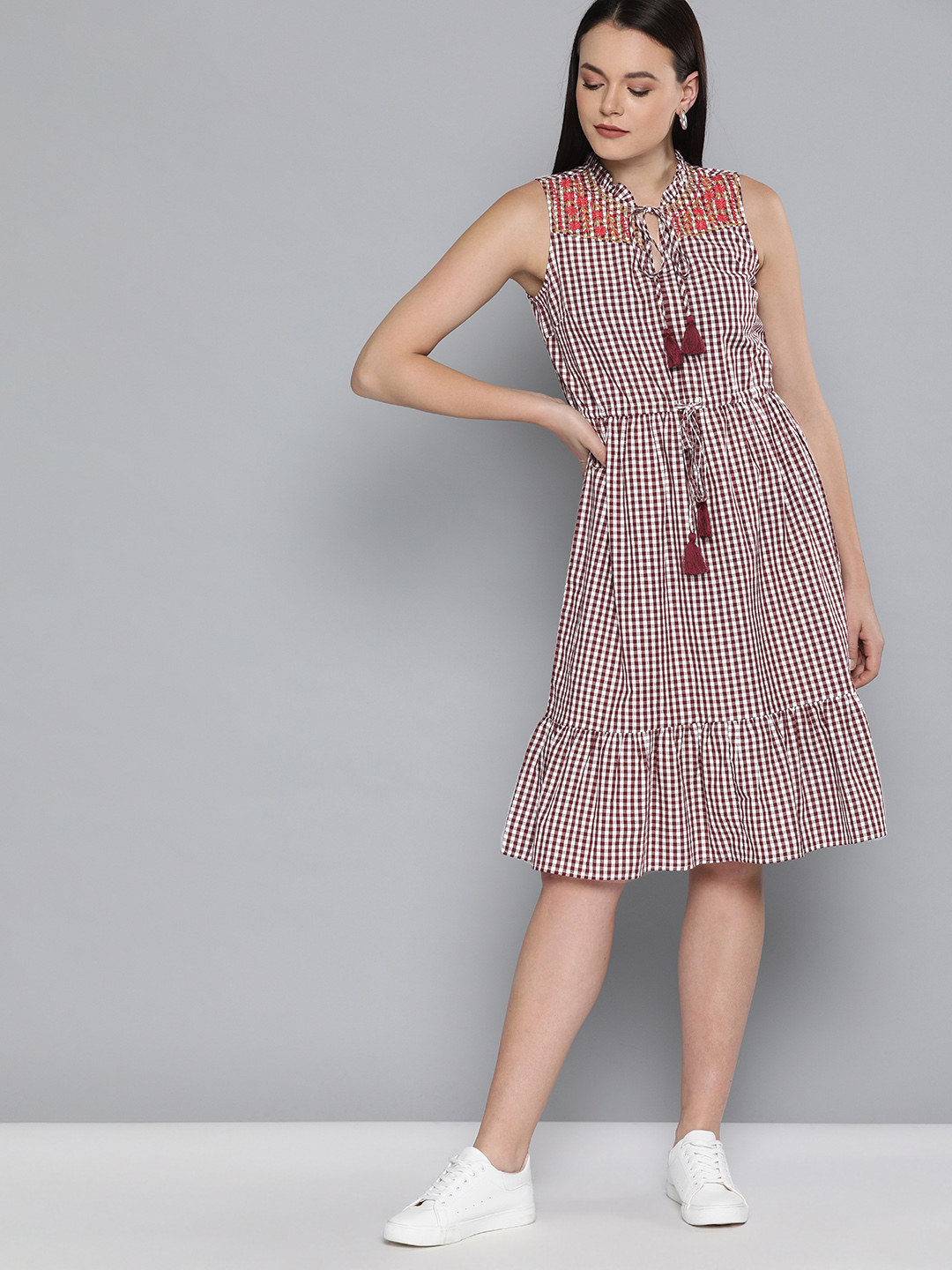 Chemistry Women Maroon & White Checked Fit and Flare Dress With Embroidered Detailing Price in India