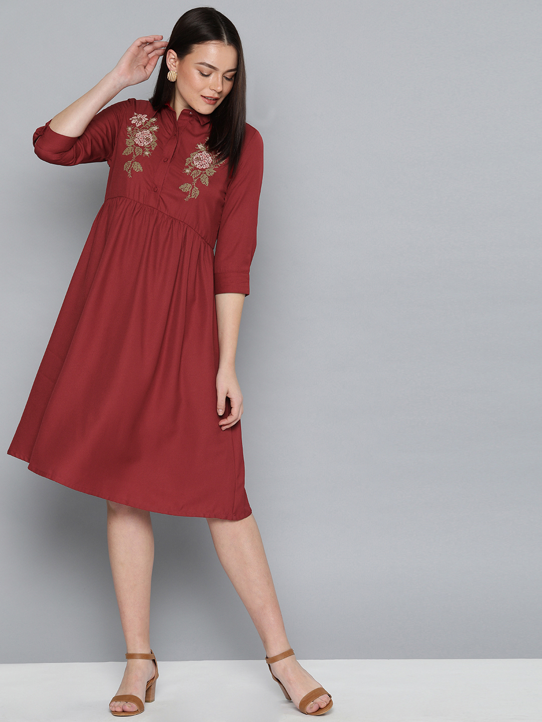 Chemistry Women Maroon Embroidered Fit and Flare Dress Price in India