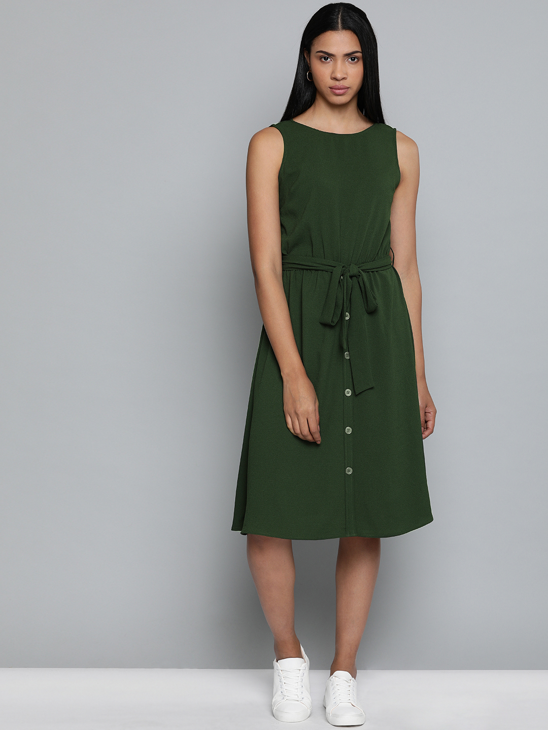 Chemistry Women Olive Green Solid A-Line Dress Price in India