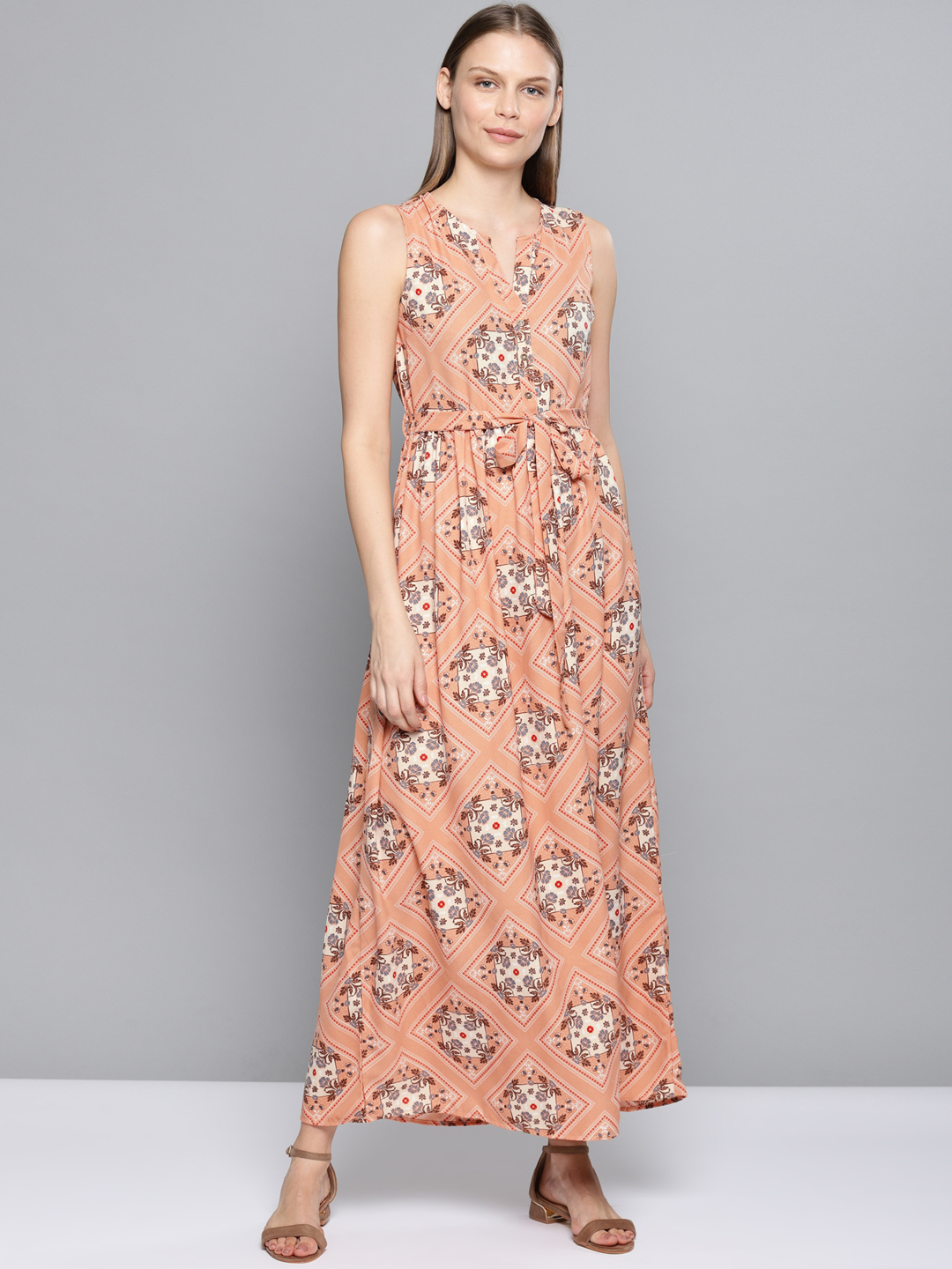 Chemistry Women Peach-Coloured Scarf Printed Maxi Dress Price in India