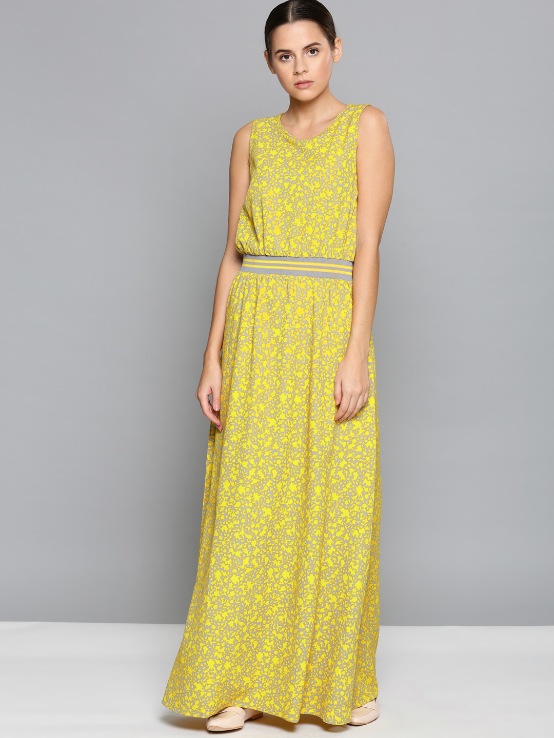 Chemistry Women Yellow Printed Maxi Dress Price in India