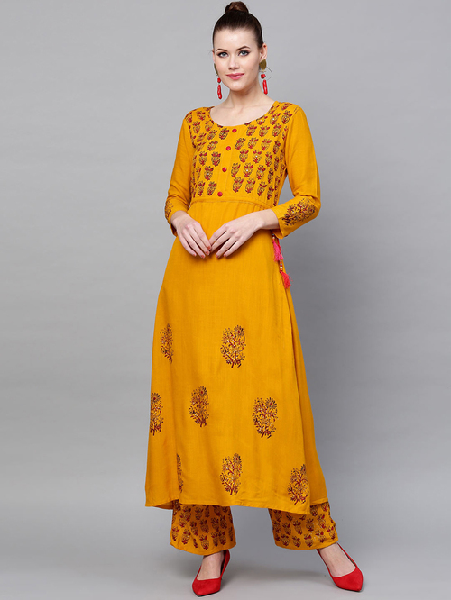 Ishin Mustard Printed Kurta Palazzo Set Price in India