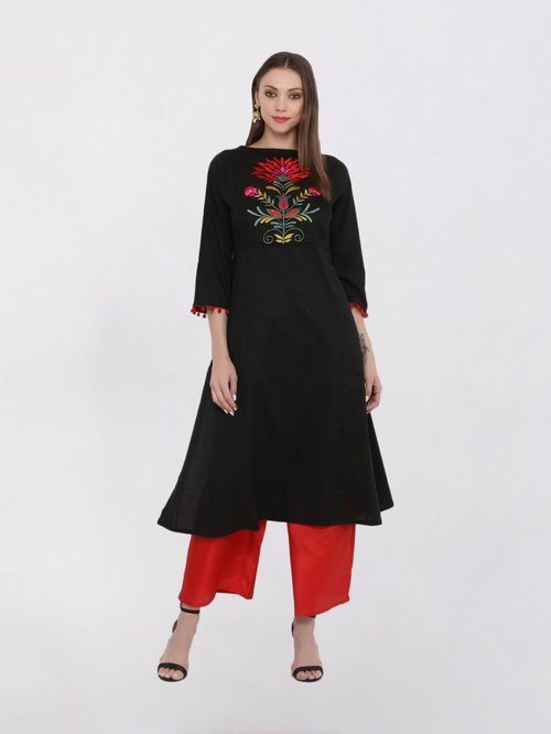 Bhama Couture Black & Red Cotton Embroidered Kurti Palazzo Set Price in India