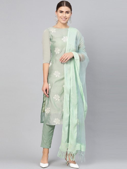 Inddus Sea Green Embroidered Kurti Pant Set With Dupatta Price in India
