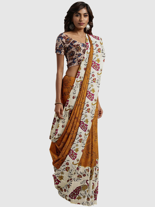Pavecha's Yellow & White Floral Print Saree With Blouse Price in India