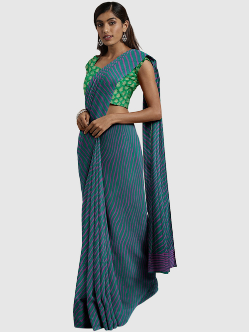 Pavecha's Green & Purple Striped Saree With Blouse Price in India