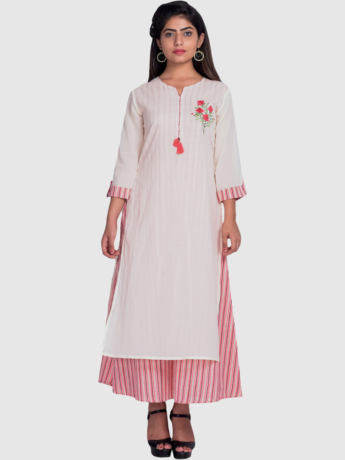 Suti White & Pink Cotton Embroidered A Line Double Layered Kurti Price in India