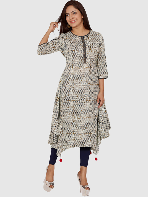 Suti Beige Cotton Printed A Line Kurti Price in India