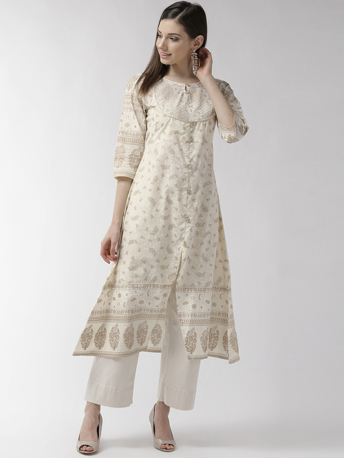 Rangmayee Off-White Cotton Printed A Line Kurti Price in India