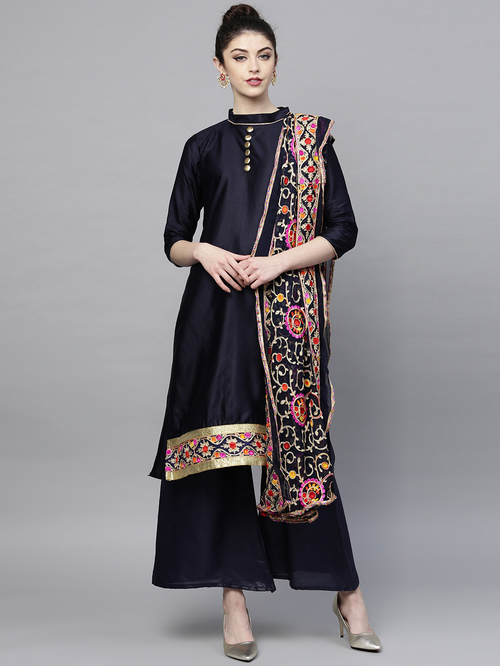 Ishin Navy Embroidered Kurta Palazzo Set With Dupatta Price in India