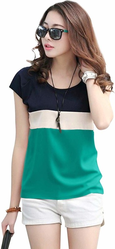 Striped Women Round Neck Multicolor T-Shirt Price in India
