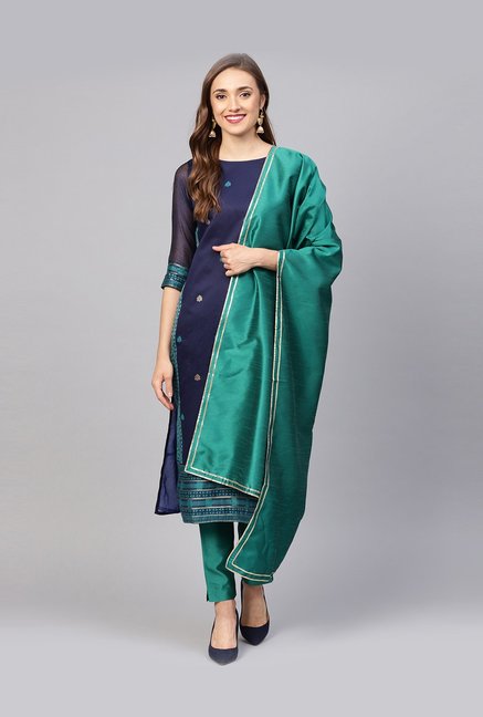 Jaipur Kurti Navy & Green Cotton Printed Kurti Pant Set Price in India