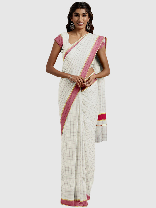 Pavecha's White & Black Cotton Chequered Saree With Blouse Price in India