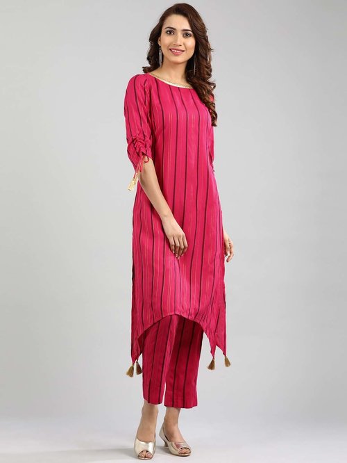 Aurelia Pink Striped High Low Kurta Price in India