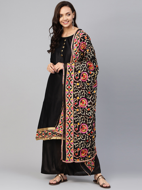 Ishin Black Embroidered Kurta Palazzo Set With Dupatta Price in India